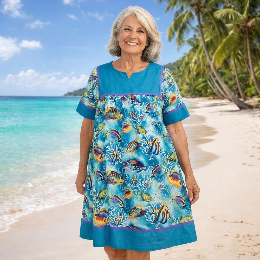 Vintage Krist Gudnason California MuuMuu House Dress L Tropical Fish Made USA